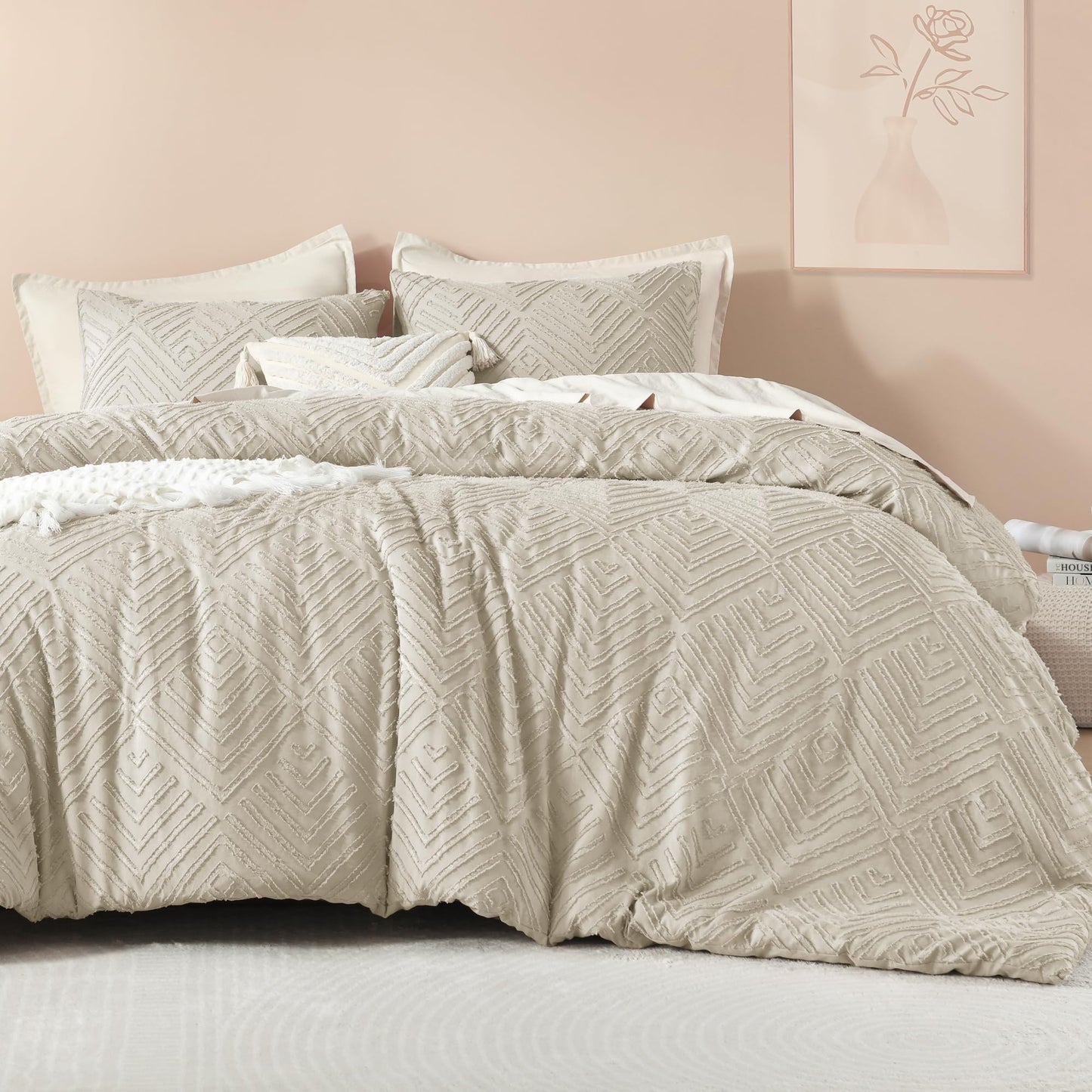 Tufted Boho Farmhouse Queen Comforter Set – 3 Piece Oatmeal Bedding Set