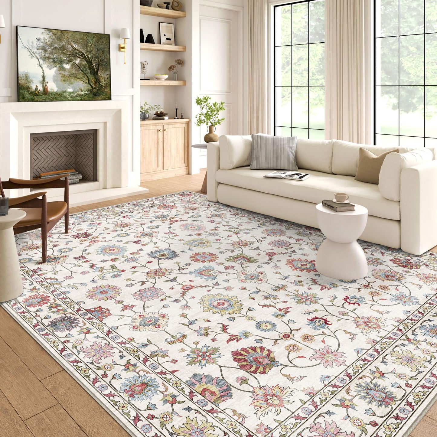 Large Traditional Floral Area Rug – Washable, Non-Slip, Cream & Colorful