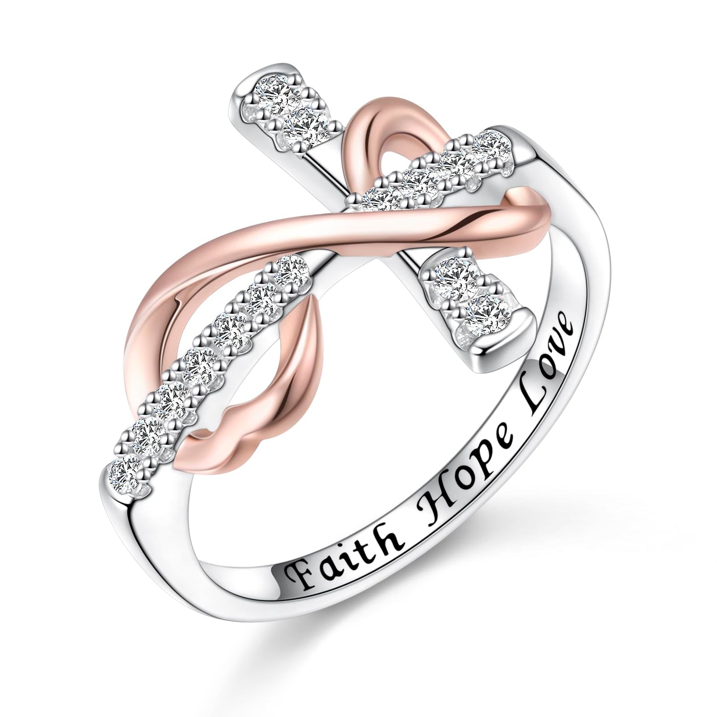 S925 Sterling Silver Cross Infinity Ring – Engraved Faith Hope Love, Size 7