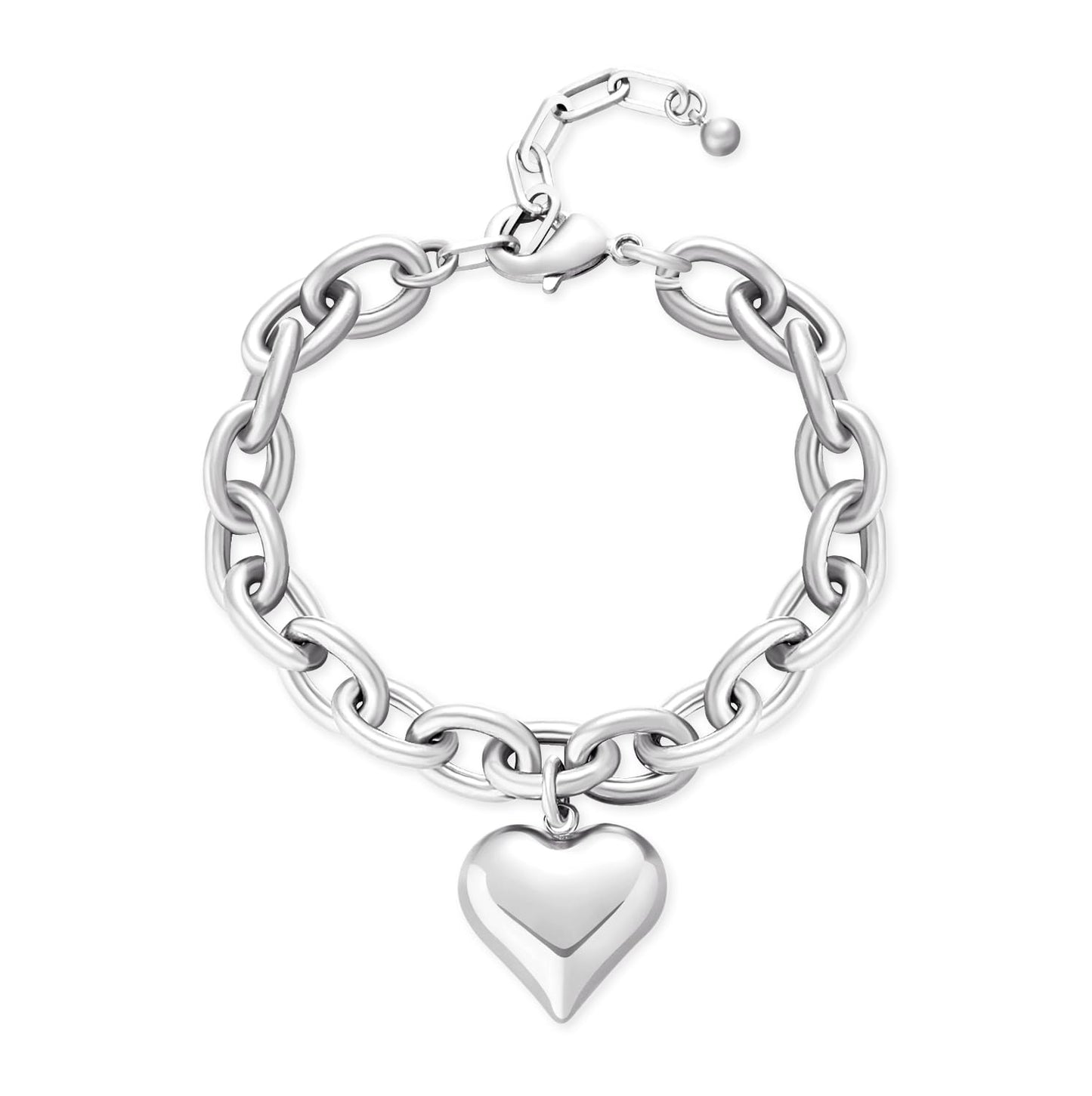 Silver Heart Charm Chain Link Bracelet for Women