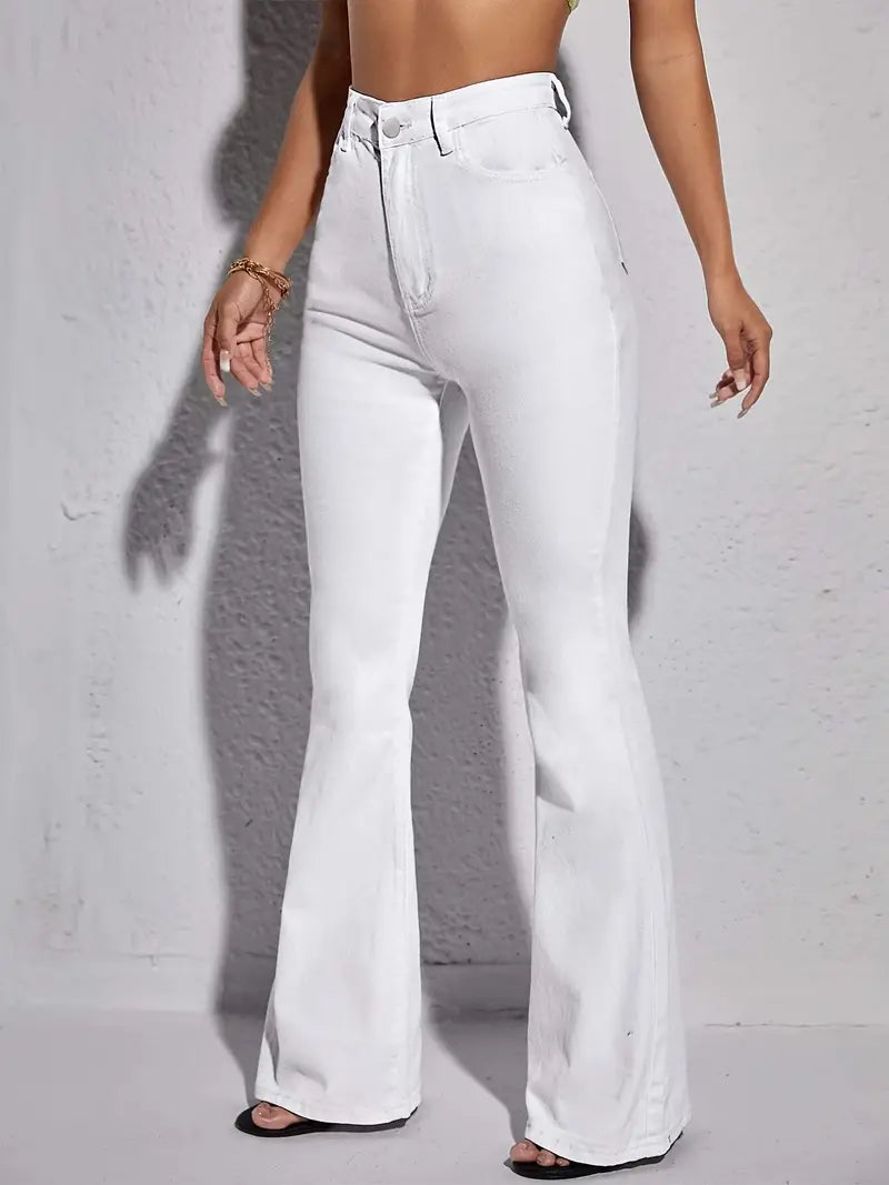 Women's White High Waist Flare Jeans with Pockets