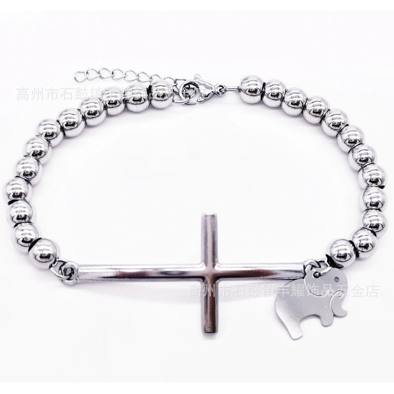 6mm Stainless Steel Beaded Bracelet with Cross Charm