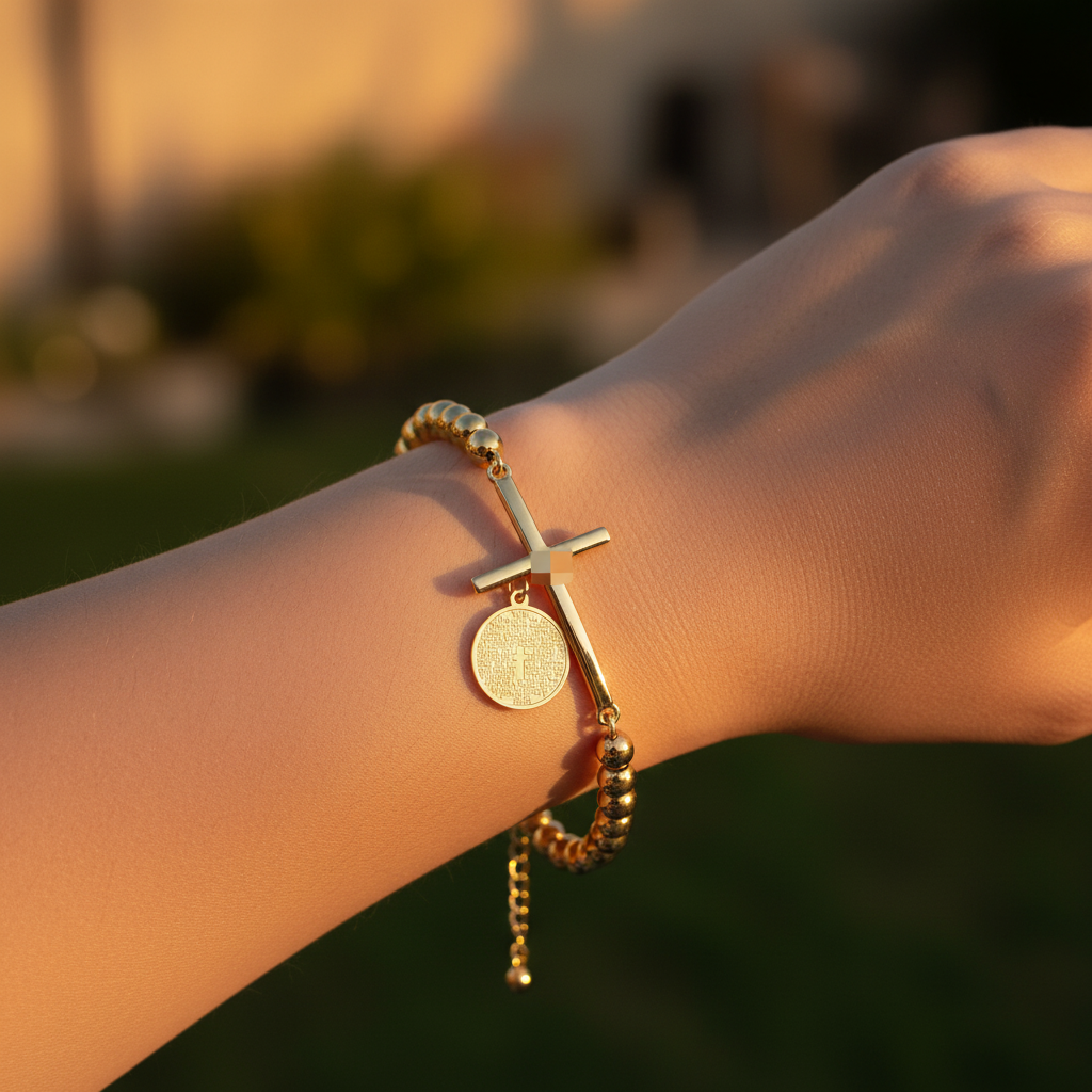 Gold beaded cross bracelet on wrist - golden hour