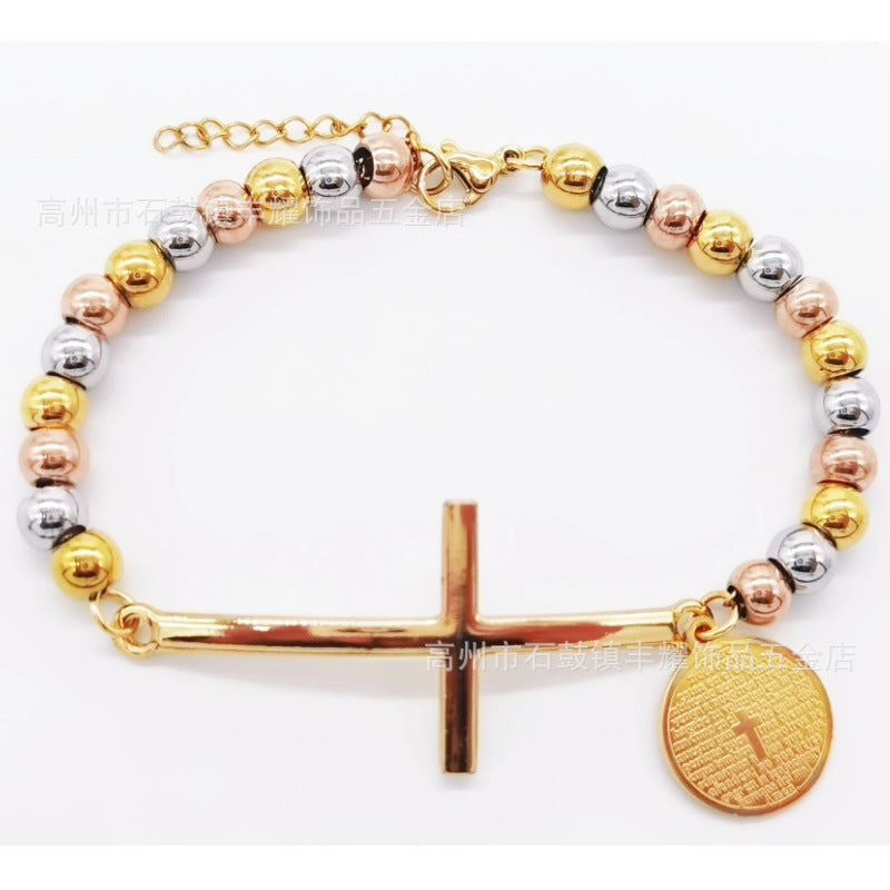 6mm Stainless Steel Beaded Bracelet with Cross Charm