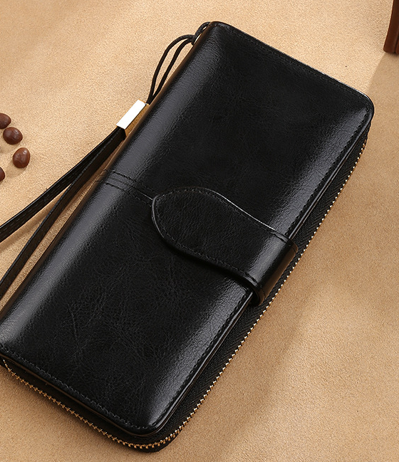 Waxed Cowhide Long Leather Zipper Wallet