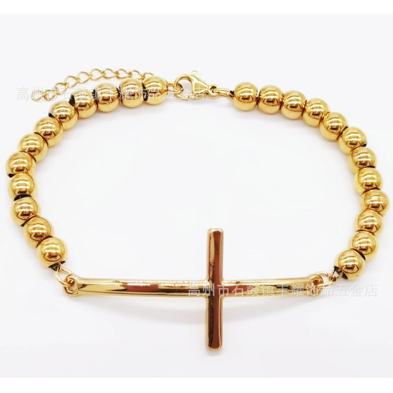 6mm Stainless Steel Beaded Bracelet with Cross Charm