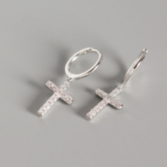 S925 Sterling Silver Diamond Accent Cross Hoop Earrings