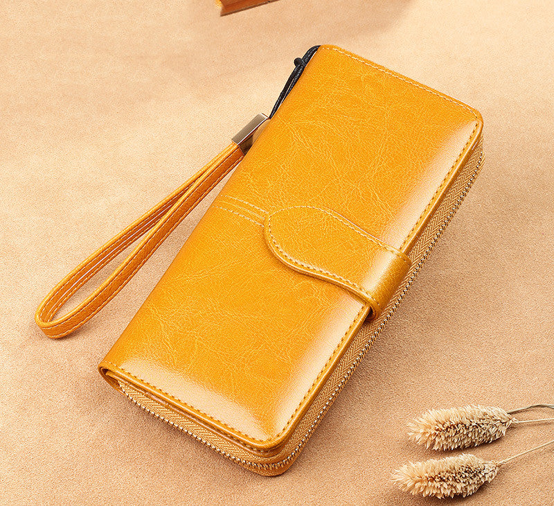 Waxed Cowhide Long Leather Zipper Wallet