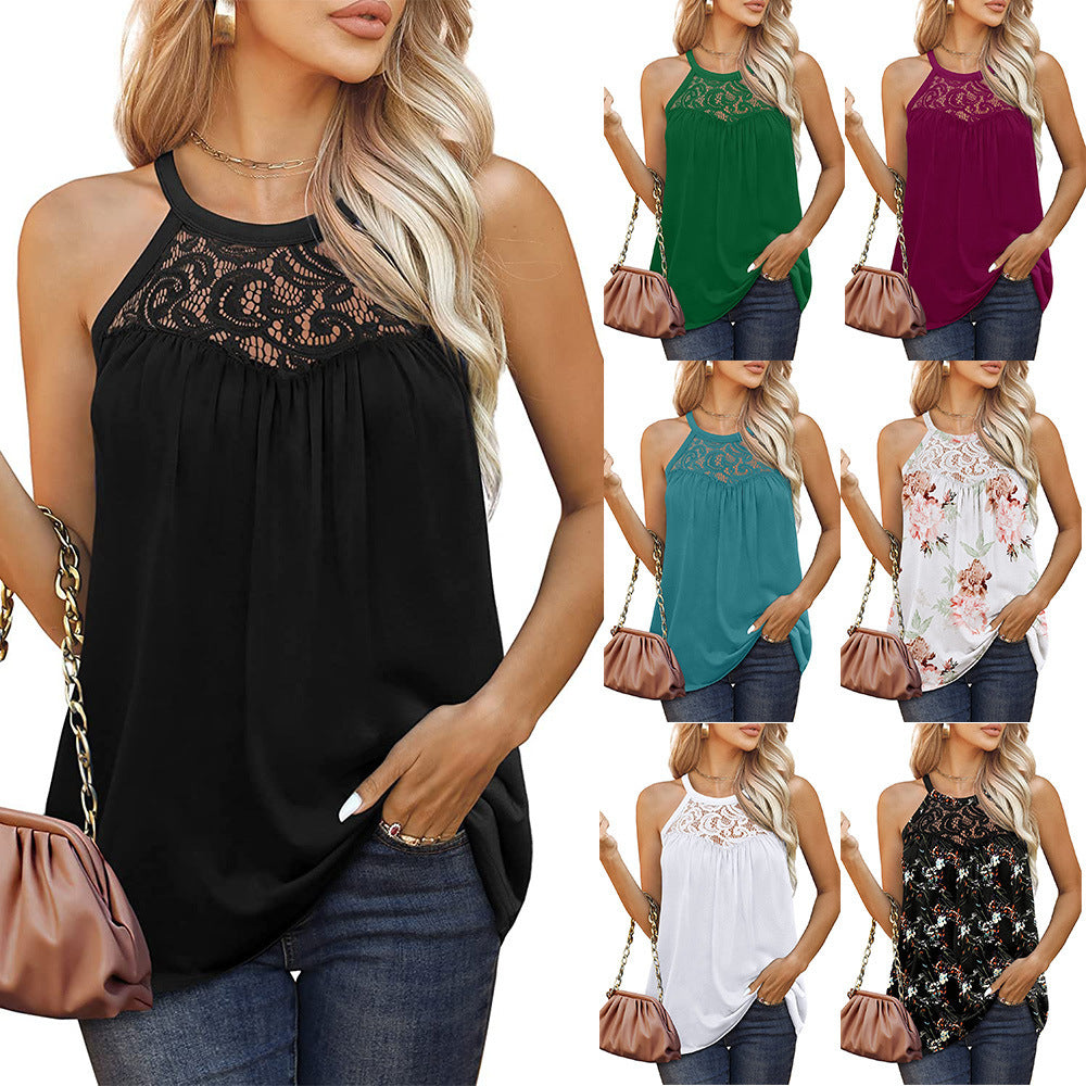 Women's Loose Fit Lace Trim Halter Tank Top
