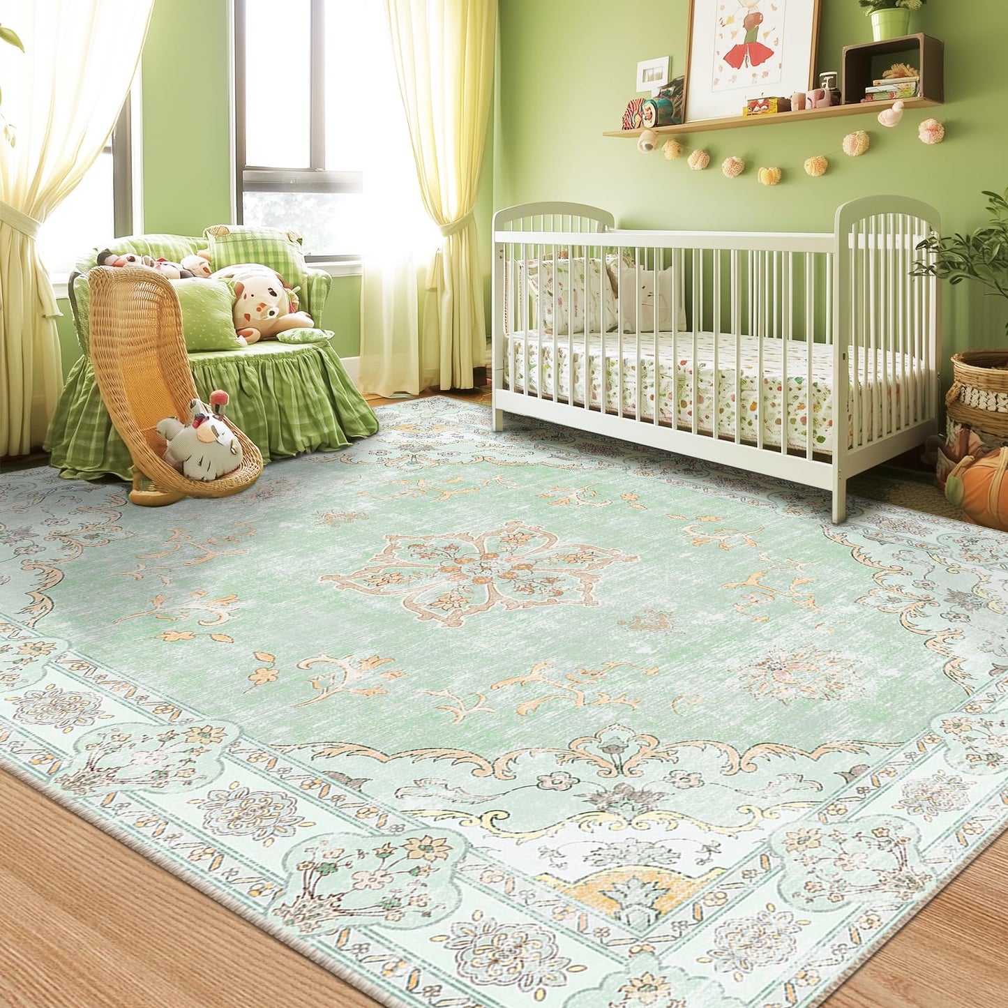 Soft Floral Area Rug – Machine Washable, Non-Slip, Sage Green