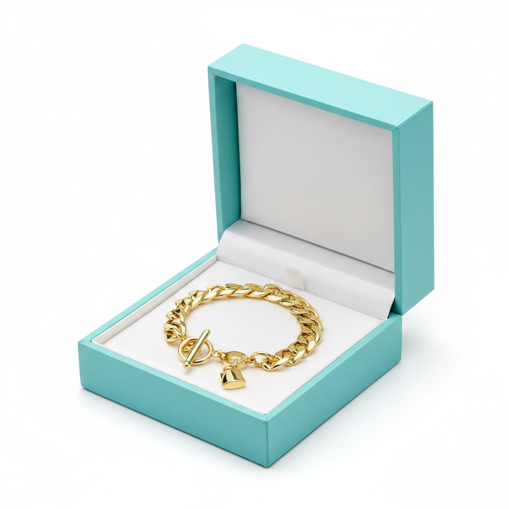 Gold Cuban Chain Bracelet with Padlock Charm — Toggle Clasp