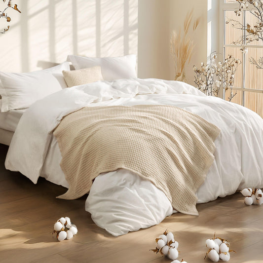 5-Piece Cotton Comforter Set – King Size with Waffle Throw Blanket