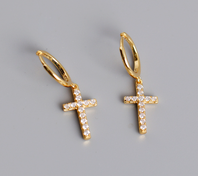 S925 Sterling Silver Diamond Accent Cross Hoop Earrings