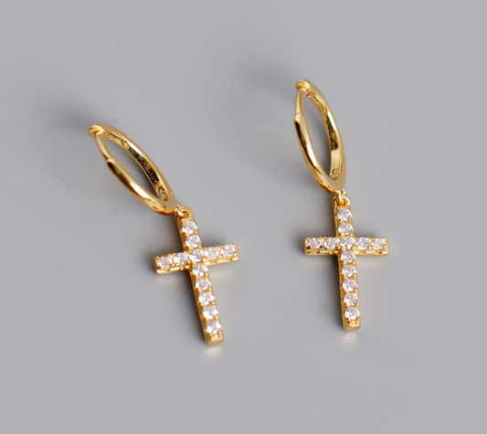 S925 Sterling Silver Diamond Accent Cross Hoop Earrings