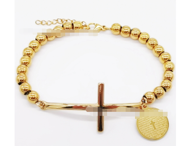 6mm Stainless Steel Beaded Bracelet with Cross Charm