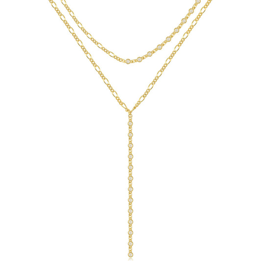Gold Long Necklace for Women 14K Gold Plated Lariat Chain Dainty Layered Y Shaped CZ Drop Pendant Choker Necklaces Fashion Jewelry Gifts