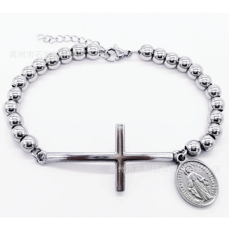 6mm Stainless Steel Beaded Bracelet with Cross Charm