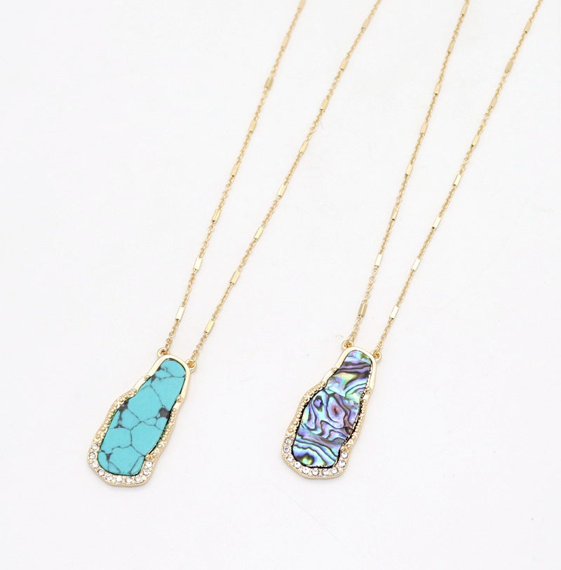 Elegant Long Necklace with Turquoise and Abalone Inlay