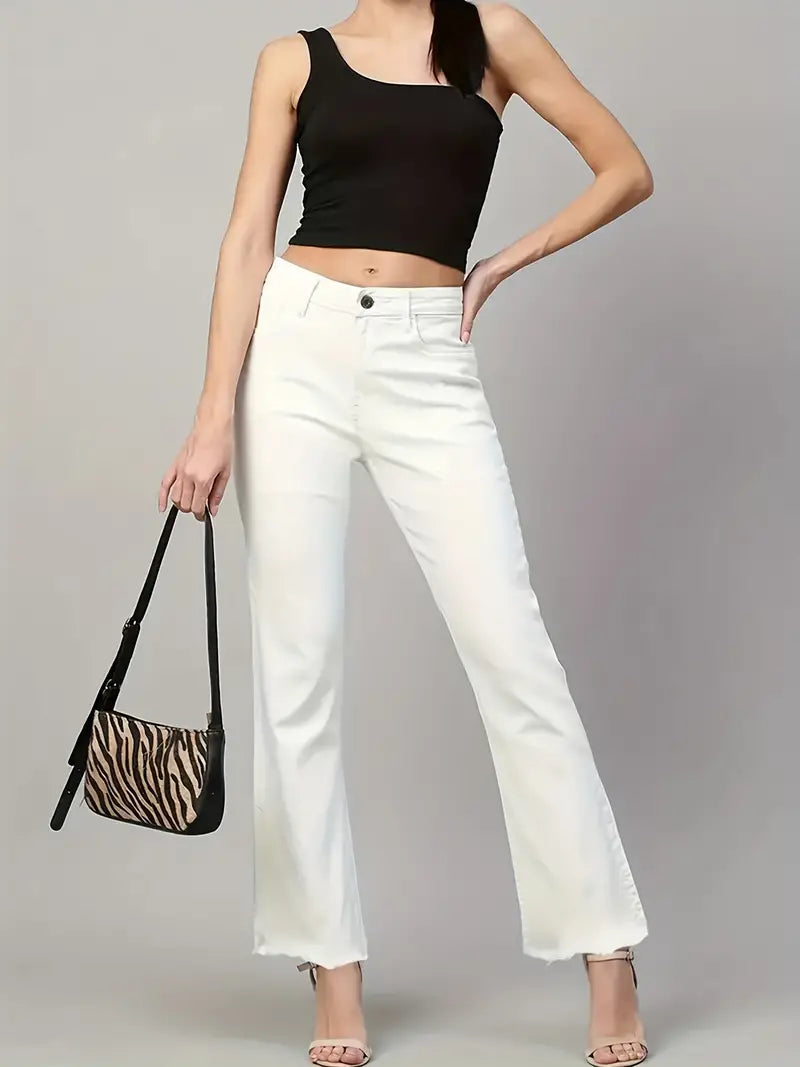 Women's High Waist Wide Leg Jeans – White Raw Hem