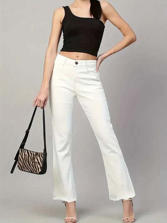 Women's High Waist Wide Leg Jeans – White Raw Hem