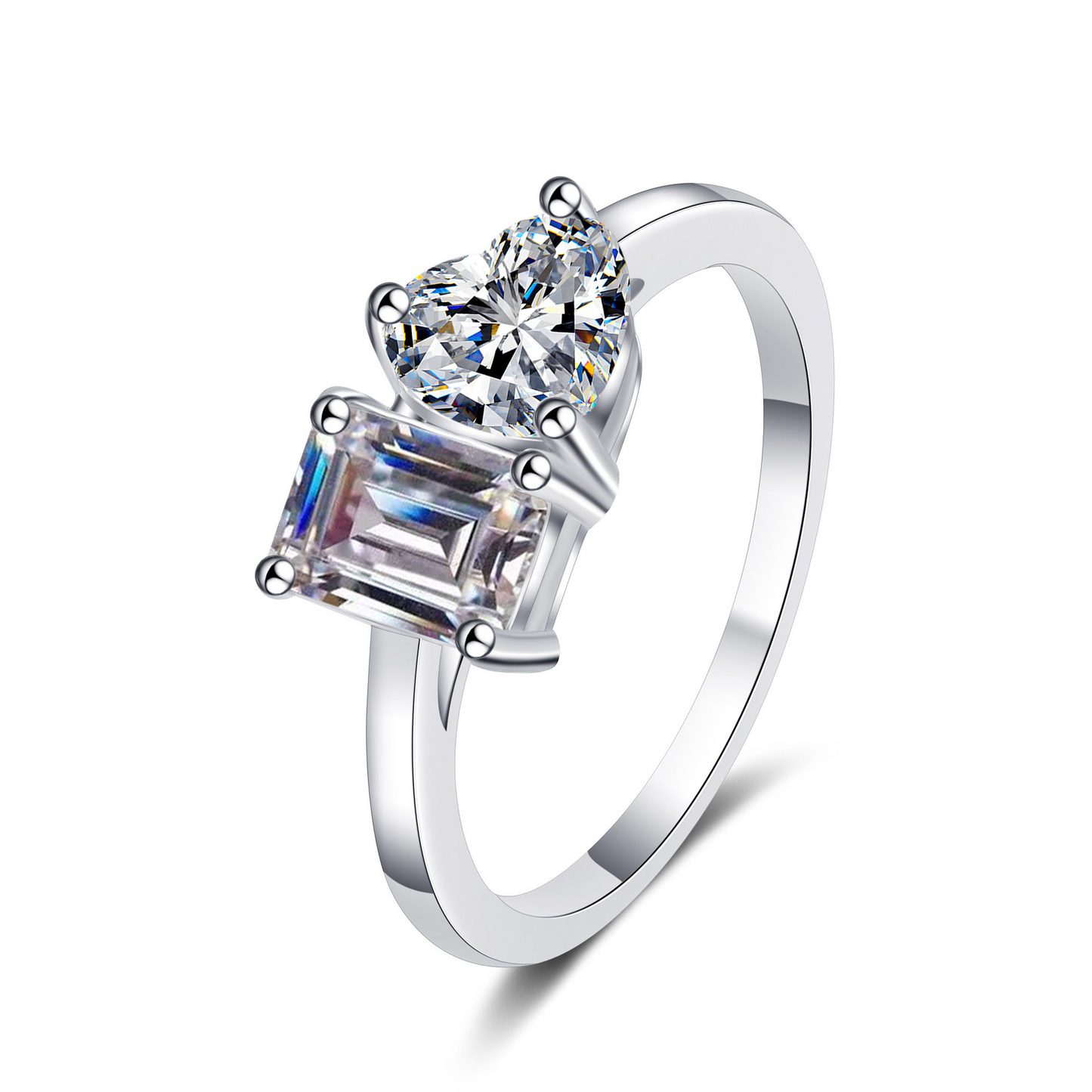 Moissanite S925 Toi et Moi Two-Stone Ring — Heart & Radiant Cut, Platinum-Plated