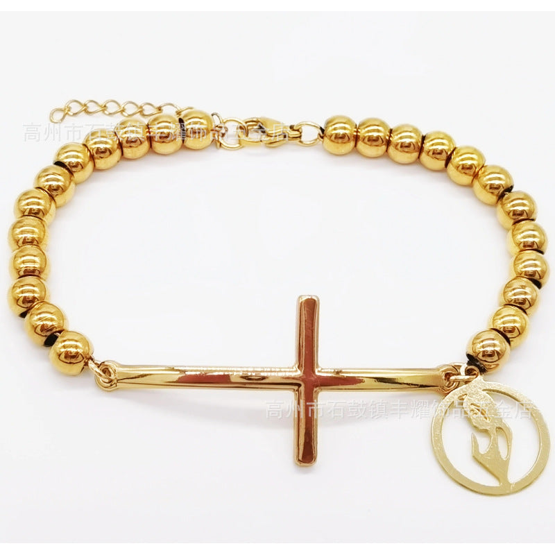6mm Stainless Steel Beaded Bracelet with Cross Charm