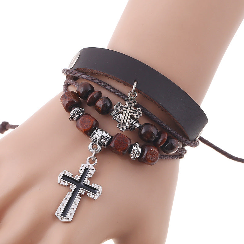 Leather Cross Bracelet with Beaded Design & Alloy Charm