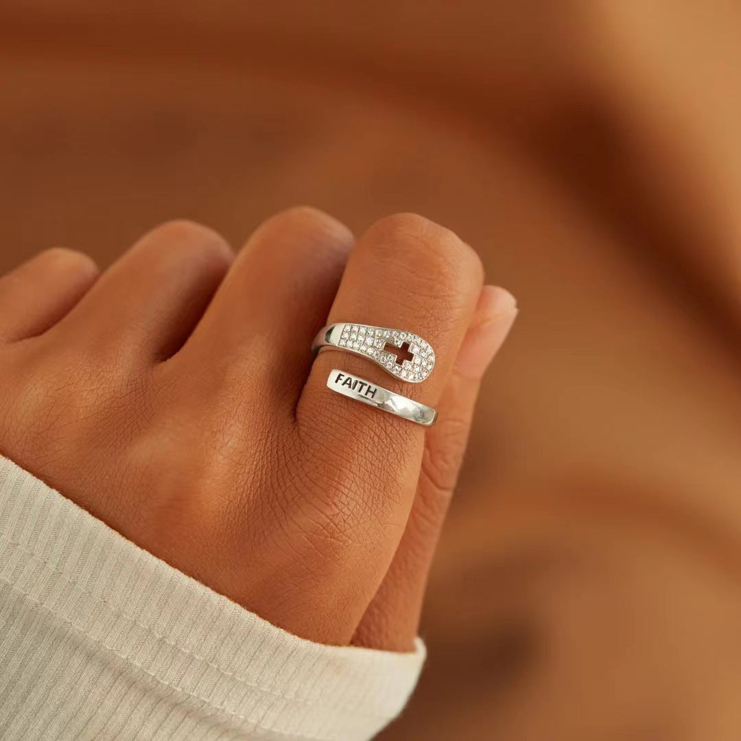 S925 Sterling Silver Faith Cross Ring with Zircons