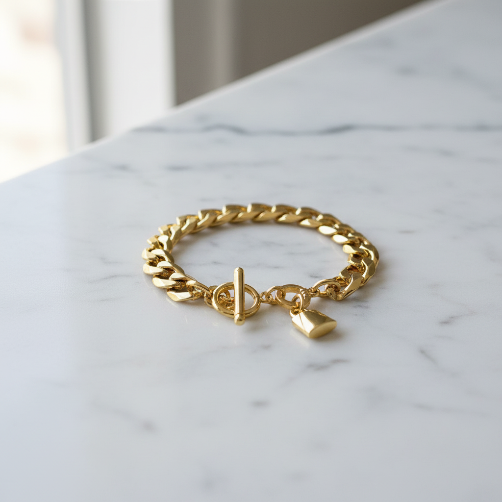Gold Cuban Chain Bracelet with Padlock Charm — Toggle Clasp