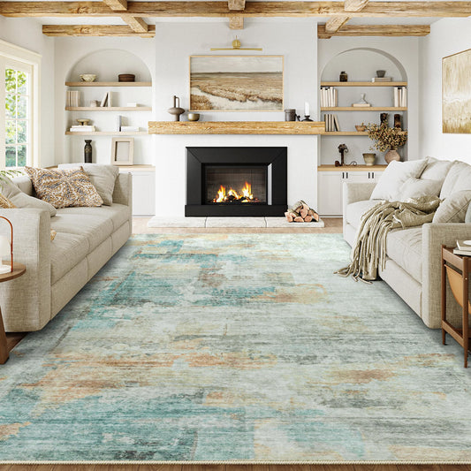 Large Washable Area Rug – Teal & Beige Abstract Modern Design, 9x12