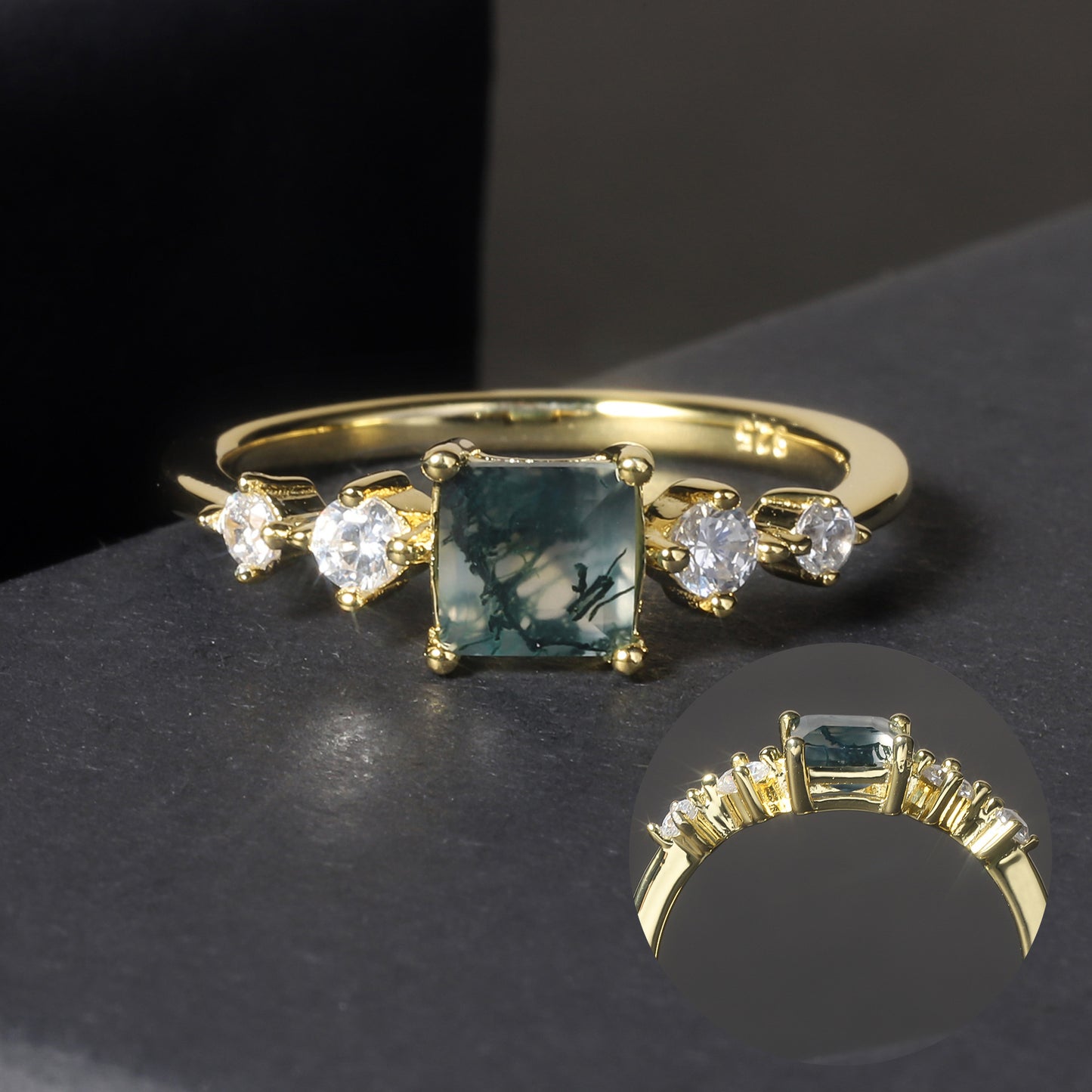 925 Sterling Silver Moss Agate CZ Ring