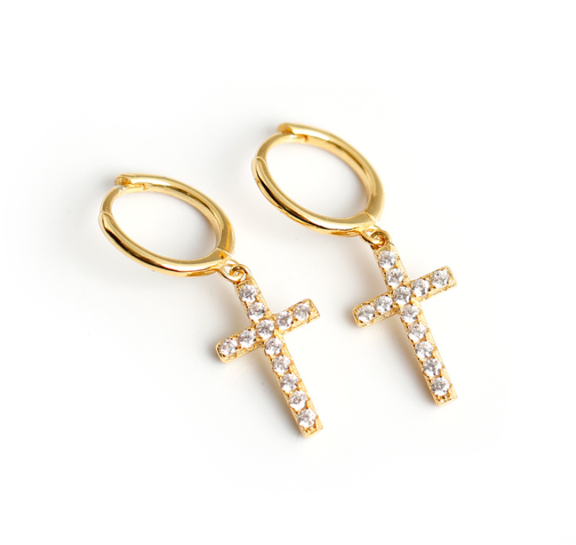 S925 Sterling Silver Diamond Accent Cross Hoop Earrings