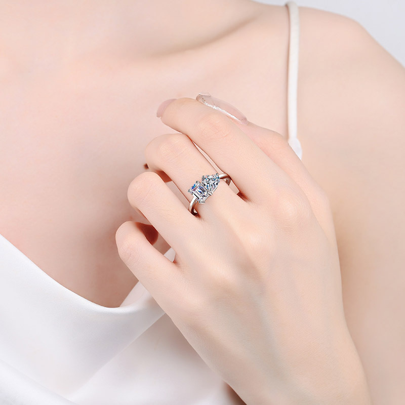 Moissanite S925 Toi et Moi Two-Stone Ring — Heart & Radiant Cut, Platinum-Plated