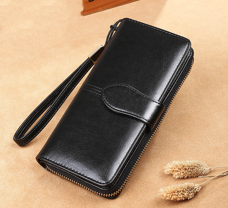 Waxed Cowhide Long Leather Zipper Wallet