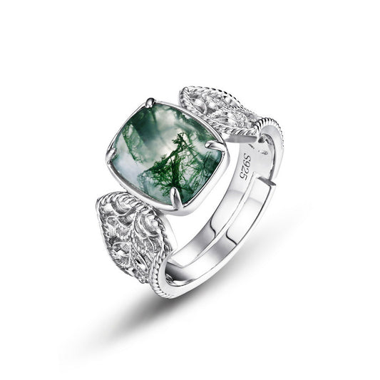 Silver Green Moss Agate Open Ring for Women