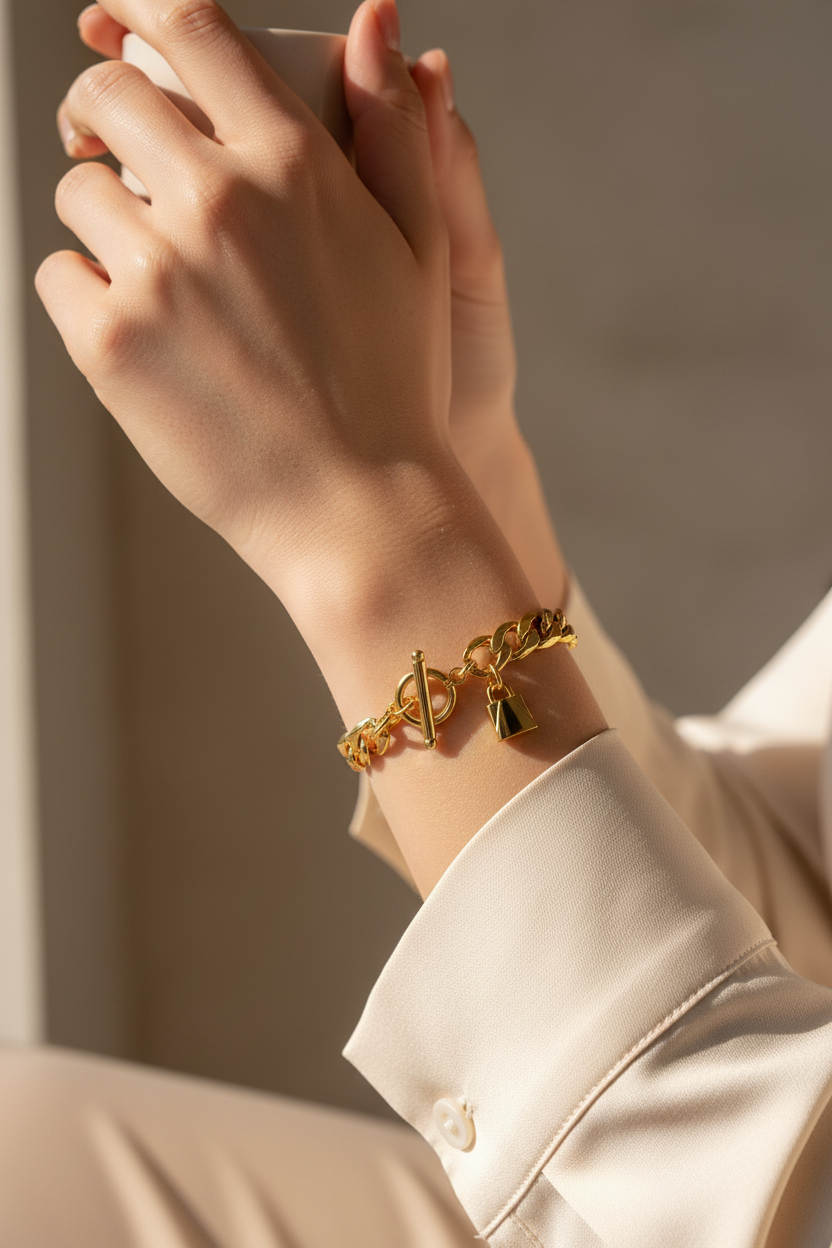 Gold Cuban Chain Bracelet with Padlock Charm — Toggle Clasp