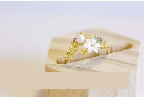 Flower Zircon Shell 925 Silver Open Ring