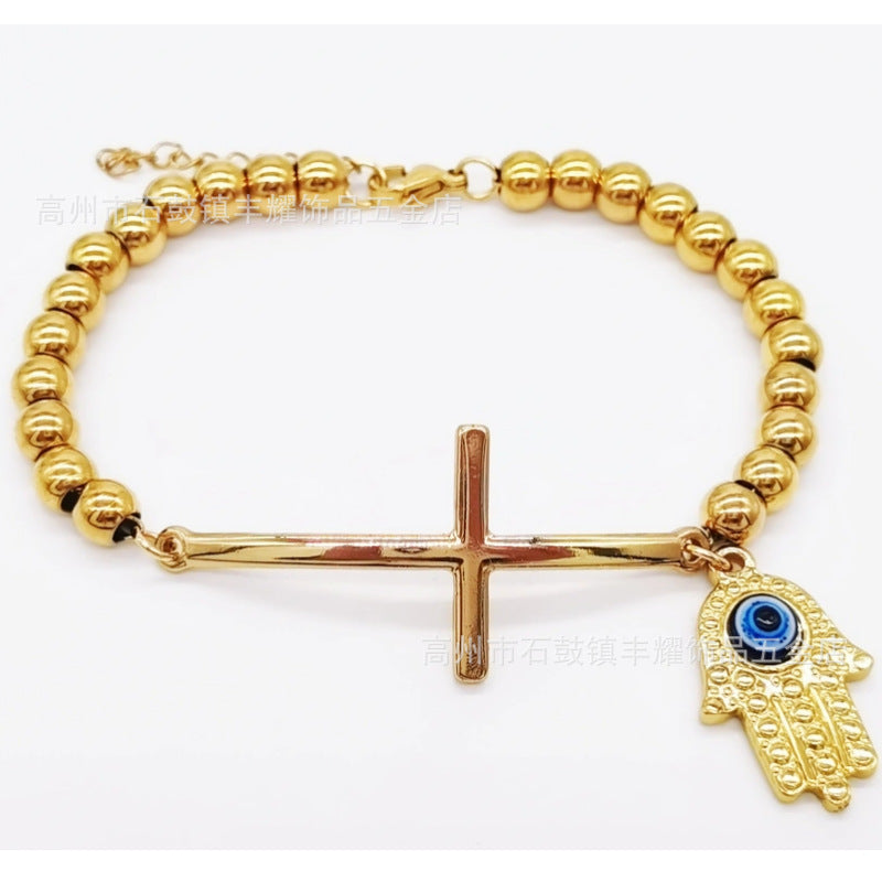 6mm Stainless Steel Beaded Bracelet with Cross Charm