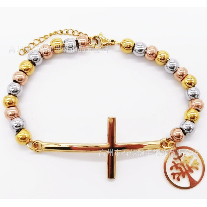 6mm Stainless Steel Beaded Bracelet with Cross Charm