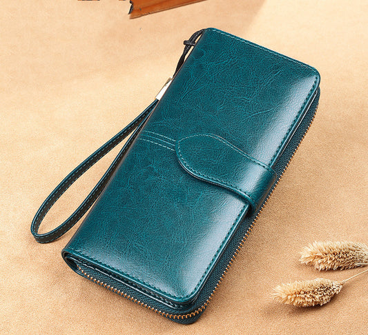 Waxed Cowhide Long Leather Zipper Wallet