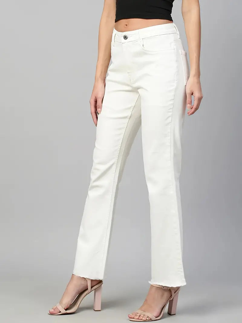 Women's High Waist Wide Leg Jeans – White Raw Hem