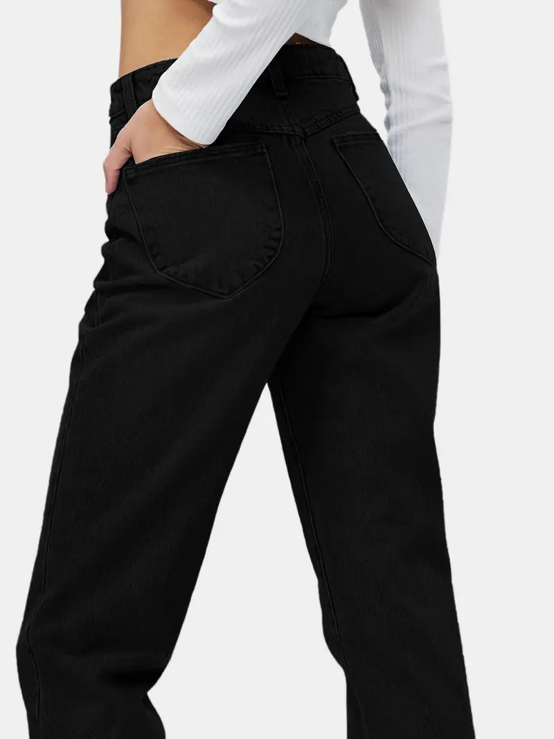 Black Raw Hem High Waist Loose Fit Denim Jeans