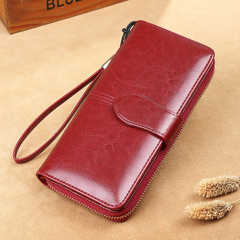 Waxed Cowhide Long Leather Zipper Wallet
