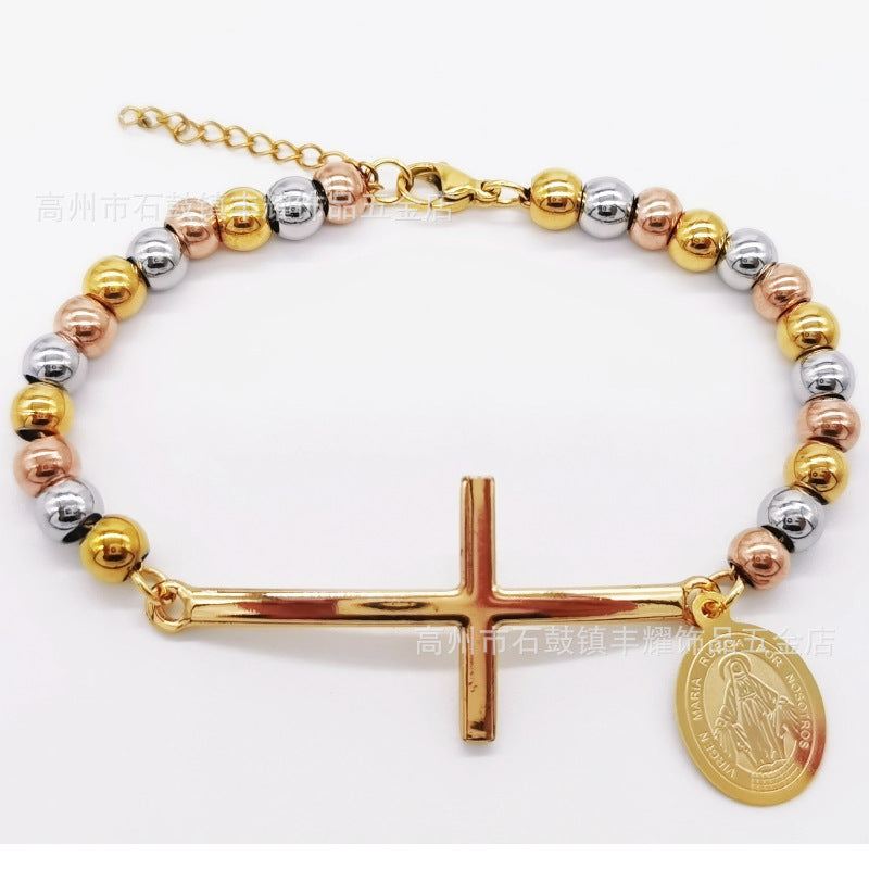 6mm Stainless Steel Beaded Bracelet with Cross Charm