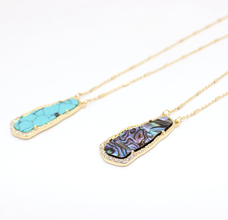 Elegant Long Necklace with Turquoise and Abalone Inlay