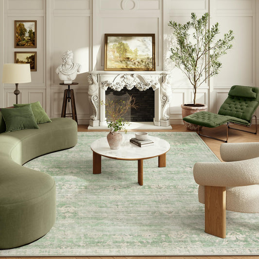 Boho 9x12 Area Rug- Floral Sage Green-Non Slip Neutral .