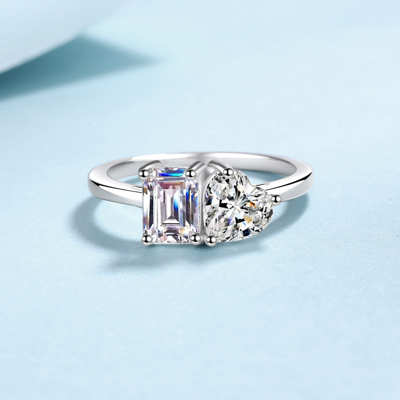Moissanite S925 Toi et Moi Two-Stone Ring — Heart & Radiant Cut, Platinum-Plated