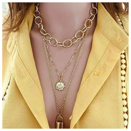 Exaggerated Layered Necklace with Sunflower Pendant
