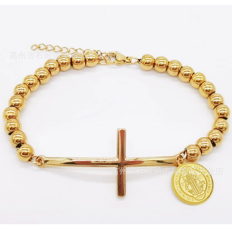 6mm Stainless Steel Beaded Bracelet with Cross Charm