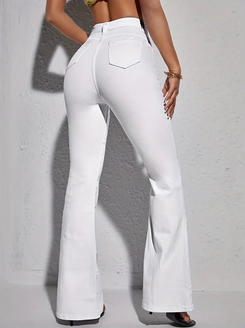 Women's White High Waist Flare Jeans with Pockets